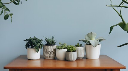 A minimalist interior shelf displays various potted plants and succulents on a wooden table against a light blue wall.