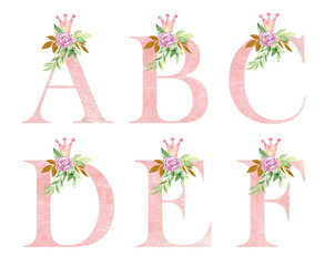 Watercolor crown letters for invitation card, nursery poster and other. Alphabet composition.