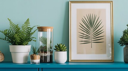 A minimalist photograph of potted plants on a teal shelf against a light blue wall with a framed leaf artwork