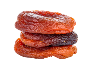 Stack of dried dates with varying shades on transparent background