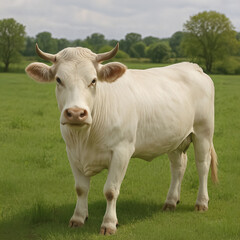 White cow standing in a green grassy field AI generated