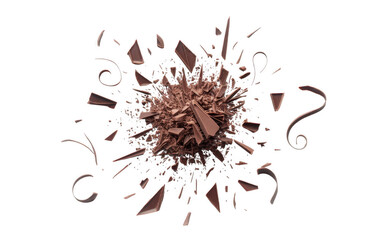 Chocolate explosion with curls and fragments isolated on a transparent background