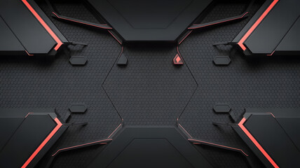Futuristic Black Tech Background with Red Neon Accents and Hex Pattern