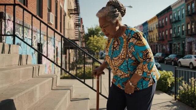 elderly african american woman climbing concrete stairs with wooden cane. senior female struggling with mobility issues in urban city street. old age, disability and accessibility concept.