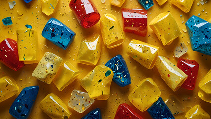 Yellow colored recycled plastic with colorful fragments