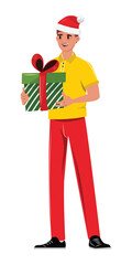 Festive courier guy carries wrapped present with red ribbon, winter holiday delivery concept, cheerful cartoon worker for ecommerce, express shipping advertising.