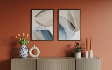 A modern interior photograph showcasing a stylish cabinet with decorative vases and artworks in a minimalist setting