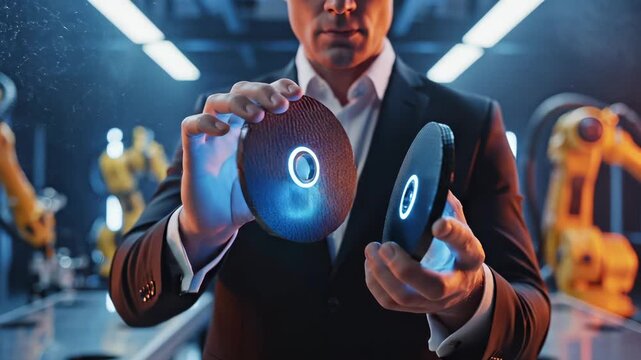 Businessman in factory holds futuristic device with glowing interface surrounded by industrial robotic arms. Man presents technology innovation in manufacturing facility. Executive displays digital pr