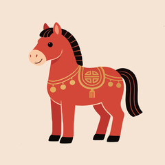 Decorated Red Horse in Folk Illustration Style