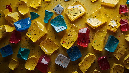 Yellow colored recycled plastic with colorful fragments