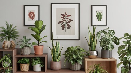 A serene indoor scene featuring various potted plants and framed botanical artwork on a wooden shelf against a white wall