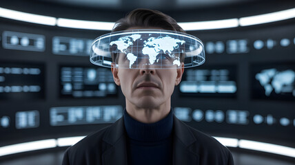Man Using Futuristic AR Headset with Global Data Visualization