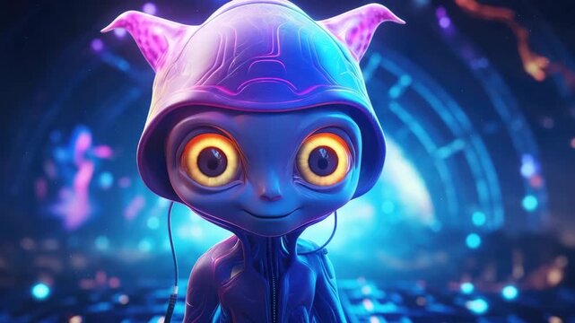 cute alien glowing in neon colors animation