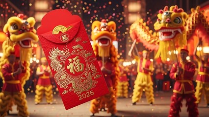 Vibrant red envelope with golden dragon design and lion dancers performing in the background during chinese new year celebration