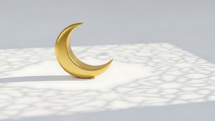 Ramadan Golden Crescent Moon Sculpture on White Surface with Shadow Patterns