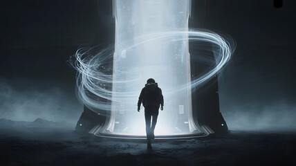 Futuristic Portal with Lone Explorer Entering Energy Gateway