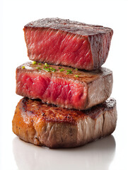  AI generator image of Steak cooked to different levels of doneness. This cut of meat may include sirloin or the tenderest part of the sirloin, Tenderloin steak or Filet Mignon