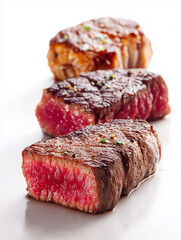  AI generator image of Steak cooked to different levels of doneness. This cut of meat may include sirloin or the tenderest part of the sirloin, Tenderloin steak or Filet Mignon