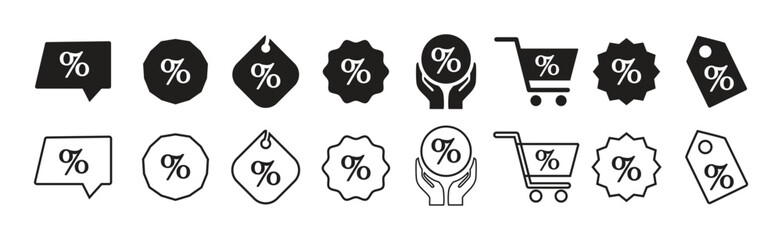 Shopping and discount symbols. percentage symbols in various badge styles for discounts and promotions.  special offer sale percentage symbol price tags. 