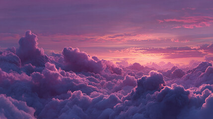 A mesmerizing view of the sky filled with fluffy clouds during a breathtaking sunset, painted in shades of pink and purple, creating a serene and dreamy atmosphere.