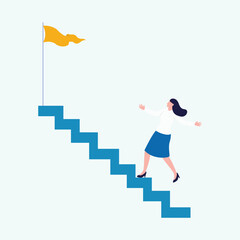 Woman ascending stairs towards a flag, symbolizing ambition to achieve success