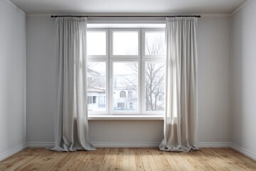 Fototapeta premium Empty room interior features large white window dressed with flowing light colored draperies
