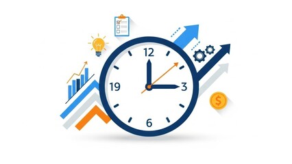 Time Management Clock with Growing Business Graph and Upward Arrows