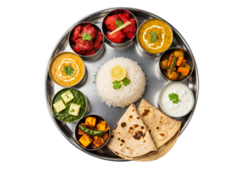 Overhead View of Indian Thali Meal on Silver Plate