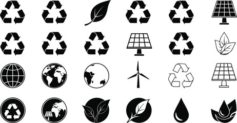 Environment, sustainability, eco, green, icon, silhouette, black, white, recycle, leaf, globe, solar, wind, water, energy, nature, minimal, grid, design, clean