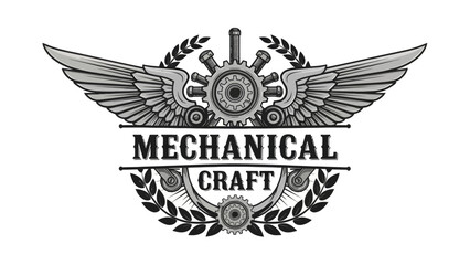Naklejka premium Intricate industrial gear with mechanical wings and laurel wreath design