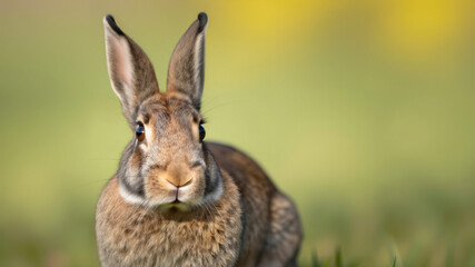Close-up of a Wild European Rabbit in Natural Habitat, Alert and Curious, Golden Hour Lighting