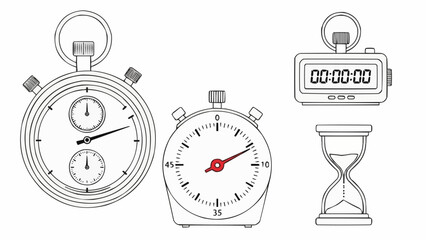Collection of vintage and modern timekeeping devices including stopwatches and hourglass.