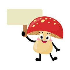 Cute Hand Drawn Mushroom Holding Blank Sign