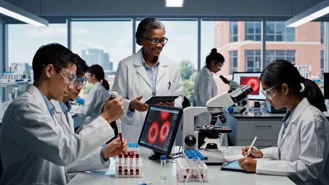 Medical researchers in lab coats analyze data and samples near microscopes and computer screens
