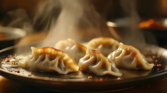 Show dumplings sizzling on a hot plate with steam rising upward and golden crispy edges catching soft warm light in a premium food advertisement style