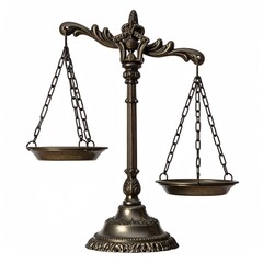 Ornate bronze balance scale against a white background, empty pans
