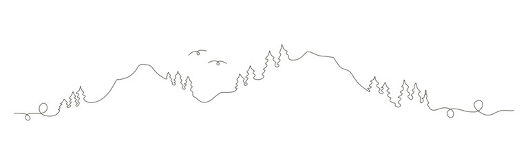 nature line art vector symbol with continuous line draw style, mountain and tree abstract line design.
