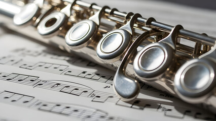 Flute on sheet music close up