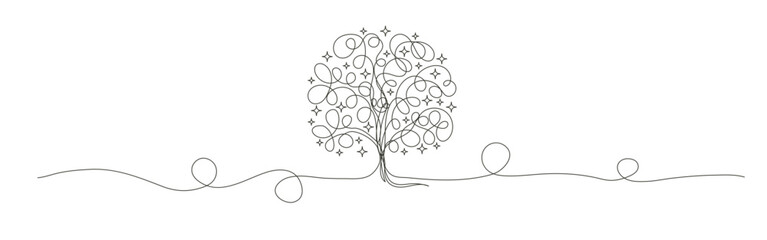 Continuous line drawing of oak tree vector design, shady tree with random lines illustration