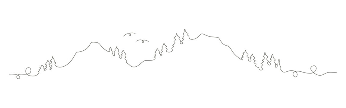 nature line art vector symbol with continuous line draw style, mountain and tree abstract line design.