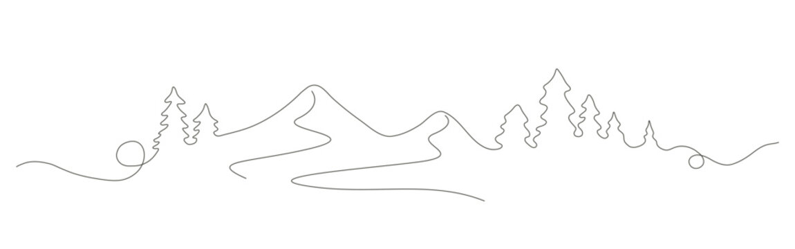 Continuous line drawing of mountains and evergreen trees. nature line art template design.