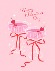 Hand drawn card of Happy Valentines Day. Vintage illustration with glasses of pink alcohol drinks, hearts on cocktail sticks, bows. Modern design for poster, cover, invitation, banner, flyer