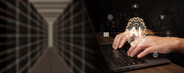 Prompt engineer using artificial intelligence on laptop inside a data center environment, interacting with glowing Ai brain interface. Generative AI, cloud computing database, secure server system.