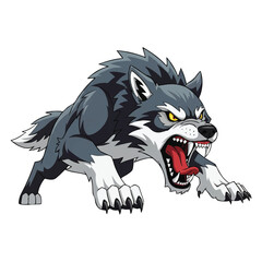 An aggressive wolf mascot is captured in a powerful flat 2D vector illustration, depicted lunging rapidly forward with fearsome open jaws against a plain white backdrop. © Rahmanart
