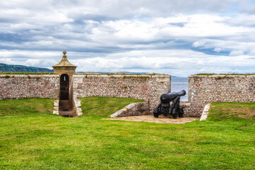 Gun on the Point Battery in Fort George overlooking the Moray Firth, near Inverness, Scotland, UK