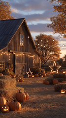 AI generator image of  pumpkin farm decorated for the autumn season Large star-shaped decorative lights illuminated the area. thanksgiving day