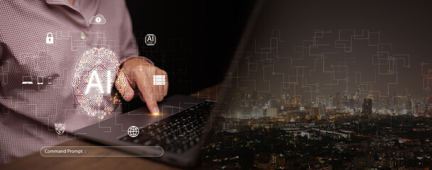Prompt engineer using artificial intelligence on a laptop, interacting with glowing AI brain interface over a city. Generative AI, command prompts, smart digital technology, and business innovation.