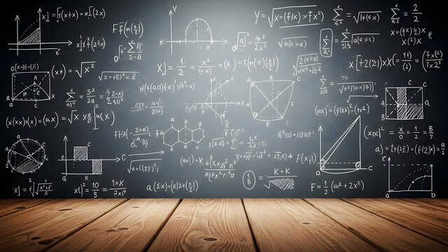 A dimly lit room with a chalkboard covered in complex mathematical equations and diagrams - Powered by Adobe