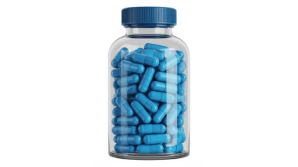 Clear plastic bottle filled with blue capsules pill bottle medication isolated on a transparent background