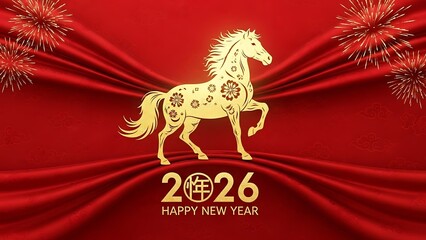 Chinese new year 2026 gold horse on red background with fireworks, happy new year celebration